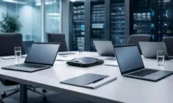 Moderner Konferenzraum mit Laptops und Servertechnik als Symbol für digitale Kommunikation und staatliche IT-Infrastruktur in Frankreich.