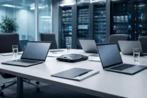 Moderner Konferenzraum mit Laptops und Servertechnik als Symbol für digitale Kommunikation und staatliche IT-Infrastruktur in Frankreich.