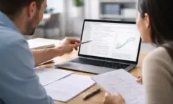 Notebook mit wissenschaftlichem Text, Diagrammen und Formeln auf einem Schreibtisch in einem modernen Arbeitsraum für Forschung und Schreiben