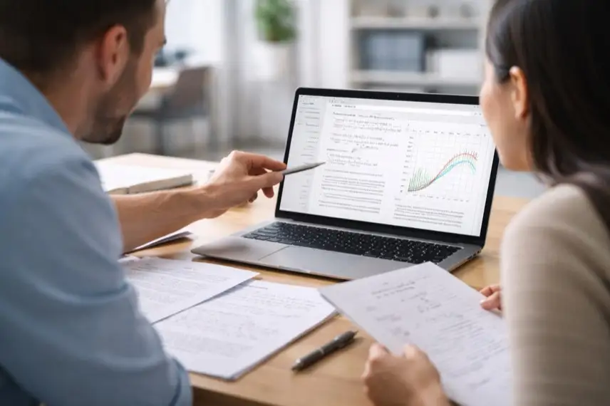 Notebook mit wissenschaftlichem Text, Diagrammen und Formeln auf einem Schreibtisch in einem modernen Arbeitsraum für Forschung und Schreiben