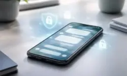 Smartphone mit abstrakter Chat-Oberfläche und dezenten Sicherheitssymbolen als Darstellung digitaler Kontosicherheit bei WhatsApp