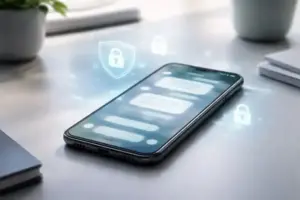 Smartphone mit abstrakter Chat-Oberfläche und dezenten Sicherheitssymbolen als Darstellung digitaler Kontosicherheit bei WhatsApp
