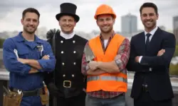 Vier Männer in Arbeits- und Businesskleidung stehen nebeneinander und schauen in die Kamera, ein Schlosser, ein Schornsteinfeger, ein Maurer und ein Banker.