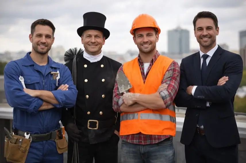 Vier Männer in Arbeits- und Businesskleidung stehen nebeneinander und schauen in die Kamera, ein Schlosser, ein Schornsteinfeger, ein Maurer und ein Banker.