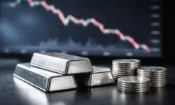 Silberbarren auf dunkler Oberfläche vor unscharfem Börsenchart mit fallender Linie, Darstellung des Silberpreises und der Marktentwicklung