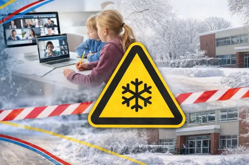 Verschneite Straße in Nürnberg mit Schneebergen und einem geschlossenen Schulgebäude im Hintergrund während winterlicher Wetterlage.