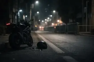 Abgestelltes Motorrad mit Helm an einer nächtlichen Straße in einer iranischen Stadt, beleuchtet von Straßenlaternen