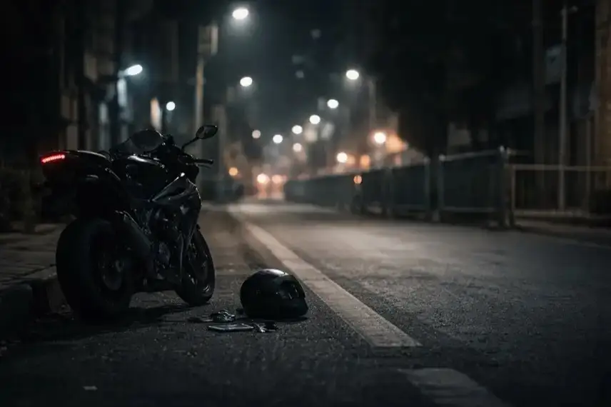 Abgestelltes Motorrad mit Helm an einer nächtlichen Straße in einer iranischen Stadt, beleuchtet von Straßenlaternen