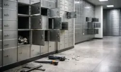 Geöffnete Schließfächer aus Metall in einem Bank-Tresorraum, nüchterne Beleuchtung, keine Personen, Fokus auf beschädigte Schlösser