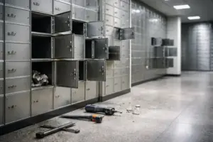 Geöffnete Schließfächer aus Metall in einem Bank-Tresorraum, nüchterne Beleuchtung, keine Personen, Fokus auf beschädigte Schlösser