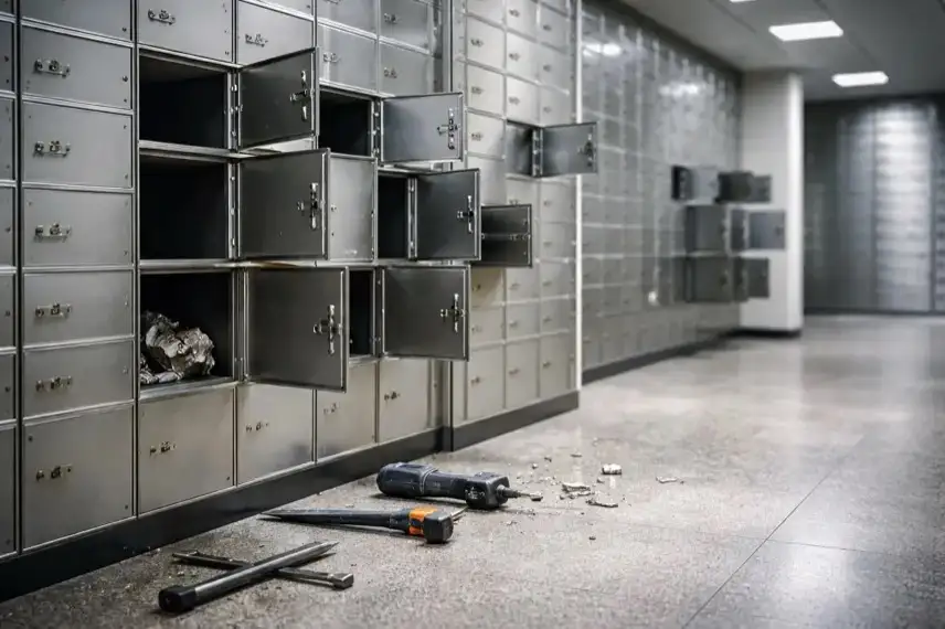 Geöffnete Schließfächer aus Metall in einem Bank-Tresorraum, nüchterne Beleuchtung, keine Personen, Fokus auf beschädigte Schlösser