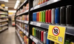 Supermarktregal mit verschiedenen Energy-Drink-Dosen und Alterskontrollhinweis im Verkaufsbereich, neutrales Umfeld ohne erkennbare Marken.