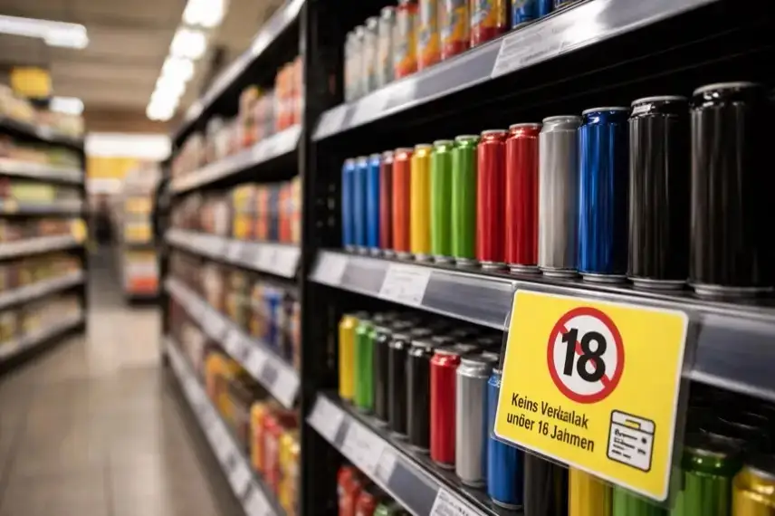 Supermarktregal mit verschiedenen Energy-Drink-Dosen und Alterskontrollhinweis im Verkaufsbereich, neutrales Umfeld ohne erkennbare Marken.