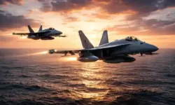 Zwei Düsenjäger fliegen in der Abenddämmerung in Formation über dem Meer bei ruhiger Wasseroberfläche