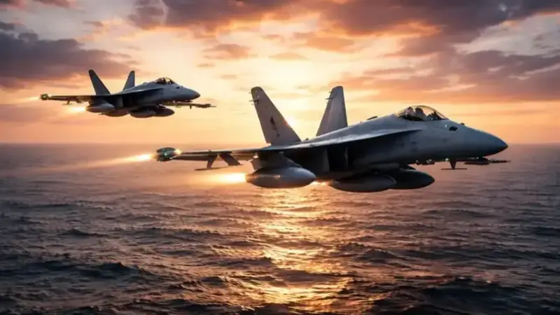 Zwei Düsenjäger fliegen in der Abenddämmerung in Formation über dem Meer bei ruhiger Wasseroberfläche