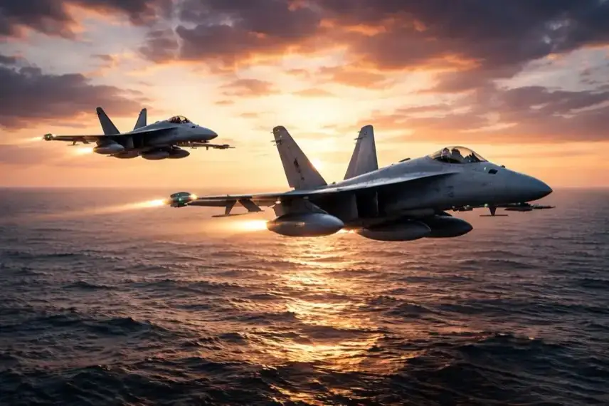 Zwei Düsenjäger fliegen in der Abenddämmerung in Formation über dem Meer bei ruhiger Wasseroberfläche