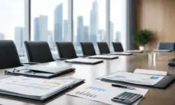 Neutraler Konferenzraum mit großem Sitzungstisch, Dokumentenmappen und moderner Architektur im Hintergrund, ohne Personen oder Beschriftungen.