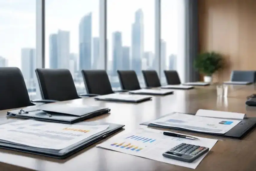 Neutraler Konferenzraum mit großem Sitzungstisch, Dokumentenmappen und moderner Architektur im Hintergrund, ohne Personen oder Beschriftungen.