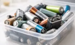 Gebrauchte Batterien und Akkus verschiedener Größen liegen in einer transparenten Sammelbox vor hellem Hintergrund
