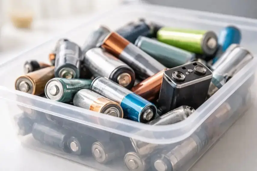 Gebrauchte Batterien und Akkus verschiedener Größen liegen in einer transparenten Sammelbox vor hellem Hintergrund