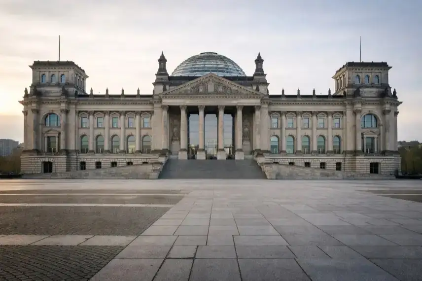 Außenansicht des Reichstagsgebäudes in Berlin bei Tagesanbruch, leerer Platz vor dem Parlament, neutrales Licht, sachliche Architektur.