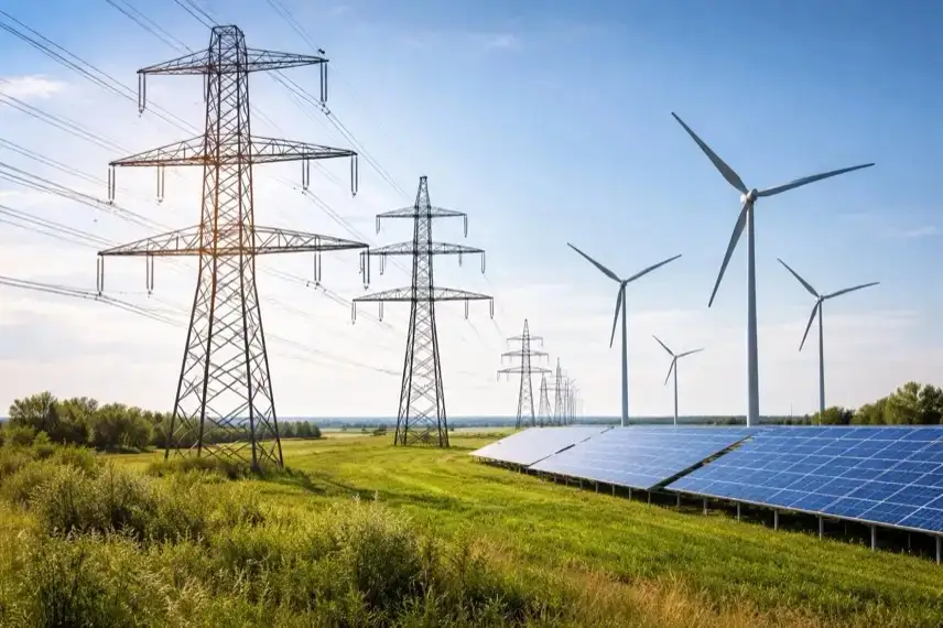 Hochspannungsleitungen vor Windrädern und Solaranlagen als Darstellung des Strommarkts und der Strompreise 2026