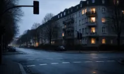 Dunkle Berliner Straße mit ausgeschalteten Straßenlaternen und Ampeln in einem Wohngebiet während eines Stromausfalls
