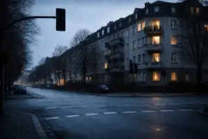 Dunkle Berliner Straße mit ausgeschalteten Straßenlaternen und Ampeln in einem Wohngebiet während eines Stromausfalls