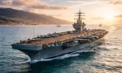 US-amerikanischer Flugzeugträger fährt bei hellem Abendlicht über das Meer nahe der venezolanischen Küste, Kampfflugzeuge auf dem Deck sichtbar