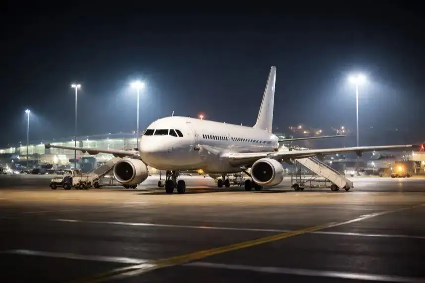 Beleuchtetes Passagierflugzeug auf nächtlichem Flughafen-Rollfeld als Symbol für Abschiebung afghanischer Straftäter aus Deutschland