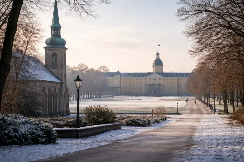 Winterliche Stadtansicht von Karlsruhe mit Schlossgarten, kahlen Bäumen und Kirche am Dreikönigstag, ruhige Feiertagsstimmung ohne Menschen.