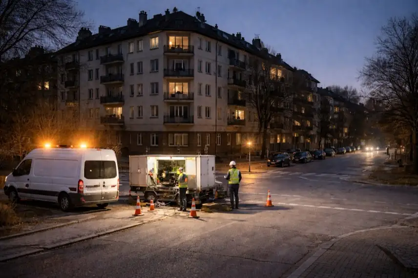 Dunkles Berliner Wohnviertel mit unbeleuchteten Straßen und ausgefallenen Ampeln während eines großflächigen Stromausfalls