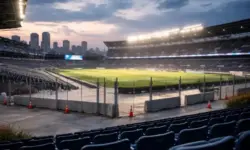Modernes Fußballstadion in den USA mit leeren Tribünen, Sicherheitsabsperrungen und Stadtlandschaft im Hintergrund zur Fußball-WM 2026.