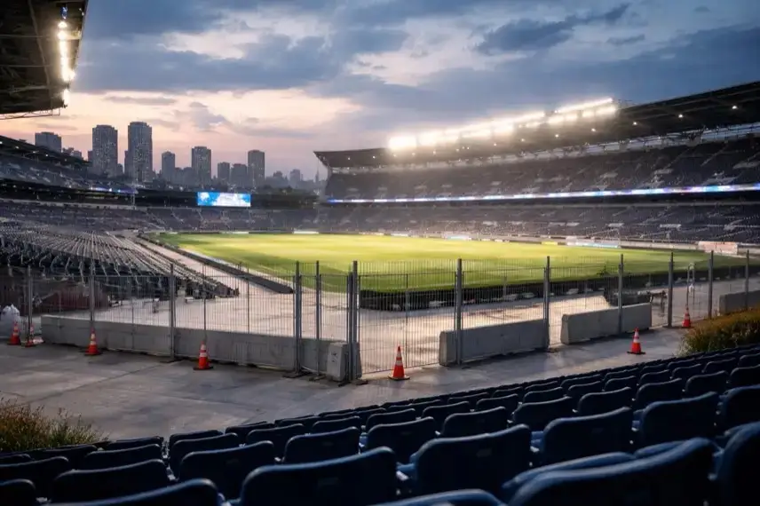 Modernes Fußballstadion in den USA mit leeren Tribünen, Sicherheitsabsperrungen und Stadtlandschaft im Hintergrund zur Fußball-WM 2026.