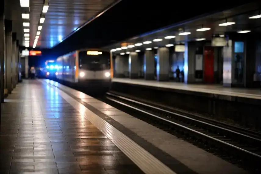 Nächtlicher U-Bahnsteig in Hamburg mit einfahrender U-Bahn und leeren Gleisen im Vordergrund.