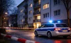 Polizeifahrzeug mit Blaulicht vor einem Wohnheim in Stuttgart-Nord in den frühen Morgenstunden