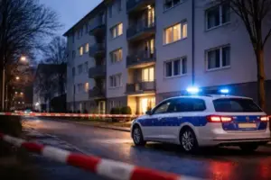 Polizeifahrzeug mit Blaulicht vor einem Wohnheim in Stuttgart-Nord in den frühen Morgenstunden