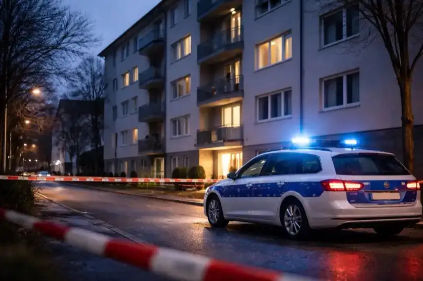 Polizeifahrzeug mit Blaulicht vor einem Wohnheim in Stuttgart-Nord in den frühen Morgenstunden