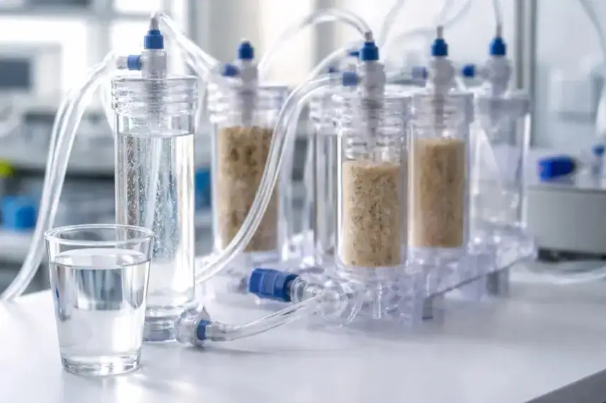 Transparentes Filtersystem zur Trinkwasseraufbereitung mit klaren Schläuchen, Filtermaterial und einem Glas sauberen Wassers im Labor.