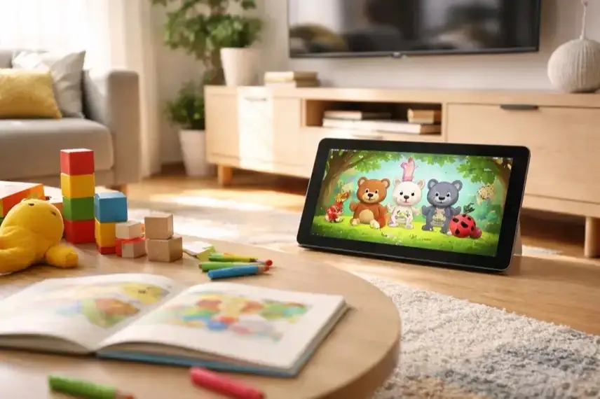 Wohnraum mit Tablet und laufendem Zeichentrickfilm, Spielzeug und Bilderbuch, symbolische Darstellung von Kinderprogramm im Streaming.