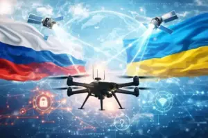 Unbemannte Drohne fliegt nachts unter mehreren leuchtenden Satellitenpunkten über dunkler Landschaft, Symbol für satellitengestützte Kommunikation.