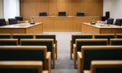 Leerer Gerichtssaal mit Richterbank und Zuschauerbänken in Hamburg während eines Strafprozesses um die Entführung der Block-Kinder.