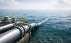 Offshore-Meeresfläche mit unterseeischer Pipeline, die in den Meeresboden führt, als Darstellung von CO₂-Transport und Speicherung.
