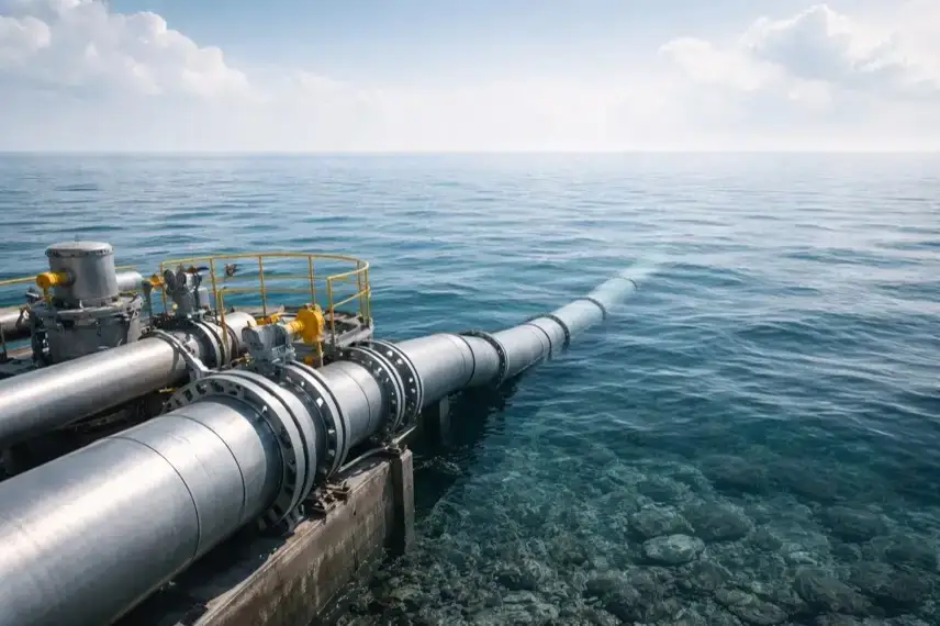 Offshore-Meeresfläche mit unterseeischer Pipeline, die in den Meeresboden führt, als Darstellung von CO₂-Transport und Speicherung.