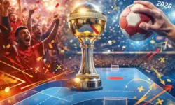 Collage mit Handball-EM-Pokal in der Mitte, jubelnden Fans, Handball in einer Hand vor dem Wurf und einem beleuchteten Handballfeld.