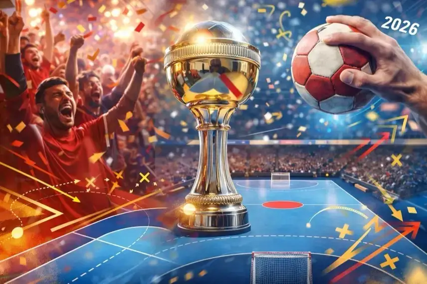 Collage mit Handball-EM-Pokal in der Mitte, jubelnden Fans, Handball in einer Hand vor dem Wurf und einem beleuchteten Handballfeld.