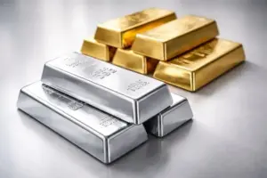 Silber- und Goldbarren liegen nebeneinander auf neutralem Untergrund, Silber im Vordergrund, Gold im Hintergrund, sachlich ausgeleuchtet.