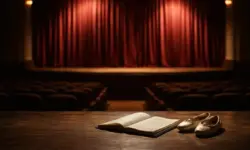 Leere Theaterbühne mit geschlossenen Vorhang, unbeschriebenem Skriptbuch und klassischen Theaterschuhen auf dem Boden, helle professionelle Beleuchtung.