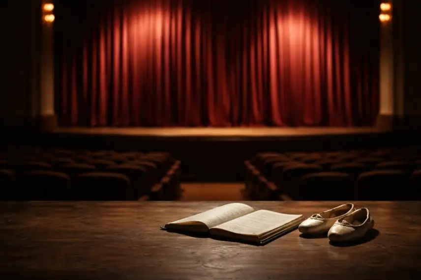 Leere Theaterbühne mit geschlossenen Vorhang, unbeschriebenem Skriptbuch und klassischen Theaterschuhen auf dem Boden, helle professionelle Beleuchtung.