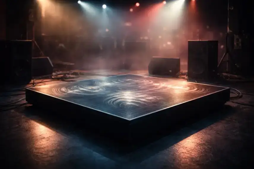 Erhöhte Bühnenplattform in einem dunklen Konzertraum, aus dem Boden gehen wellenartige Vibrationen hervor, die Musik physisch erlebbar machen.